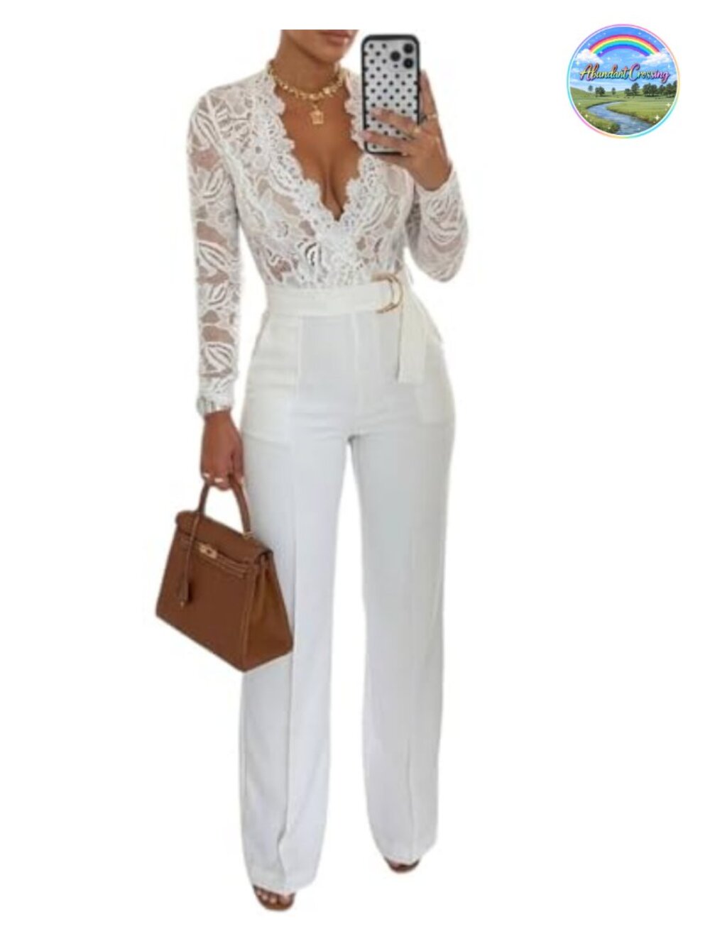 Floral Lace Deep V Neck Long Sleeve Jumpsuit with Belt